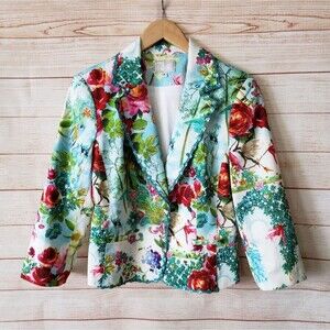 Alberto Makali Floral Sequin Trim Cotton Blend Artwork Lined Jacket